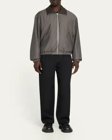 Bottega Veneta Men's Shadow Stripe Intrecciato Leather-Collar Jacket | Thumbnail 2 Bottega Veneta Men's Shadow Stripe Intrecciato Leather-Collar Jacket | Thumbnail 2