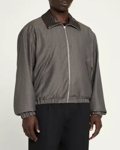 Bottega Veneta Men's Shadow Stripe Intrecciato Leather-Collar Jacket | Thumbnail 4 Bottega Veneta Men's Shadow Stripe Intrecciato Leather-Collar Jacket | Thumbnail 4