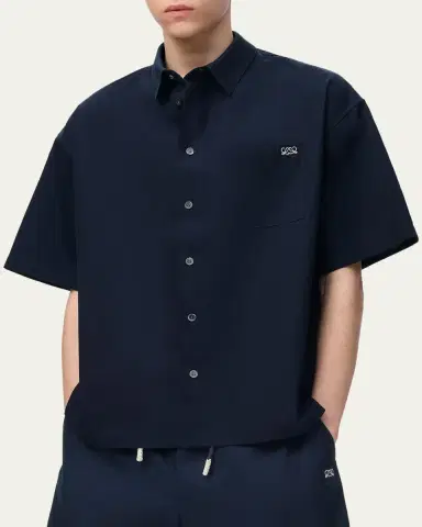LOEWE Men's Short-Sleeve Heavy Cotton Button-Front Shirt | Thumbnail 4 LOEWE Men's Short-Sleeve Heavy Cotton Button-Front Shirt | Thumbnail 4