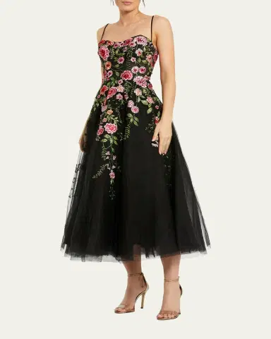 Mac Duggal Floral-Embroidered Tulle Midi Dress | Thumbnail 2 Mac Duggal Floral-Embroidered Tulle Midi Dress | Thumbnail 2