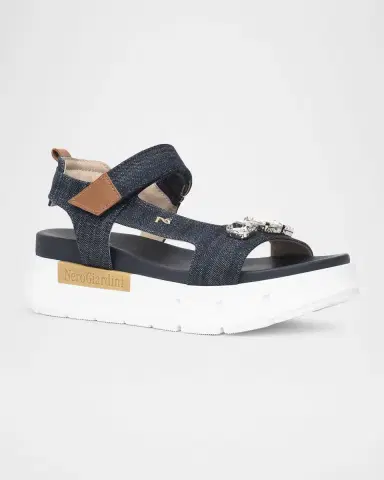 NeroGiardini Stone Embellished Denim and Leather Sandals | Thumbnail 2 NeroGiardini Stone Embellished Denim and Leather Sandals | Thumbnail 2