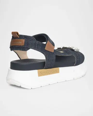 NeroGiardini Stone Embellished Denim and Leather Sandals | Thumbnail 3 NeroGiardini Stone Embellished Denim and Leather Sandals | Thumbnail 3