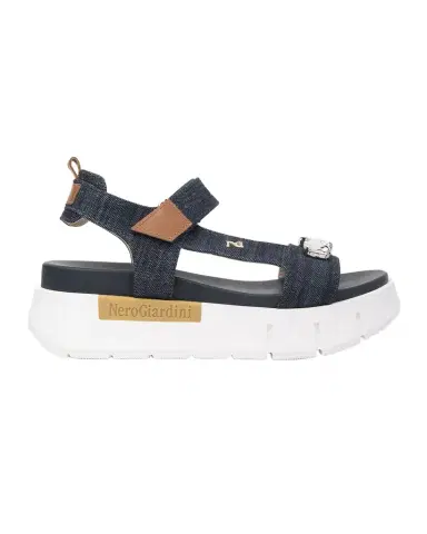 NeroGiardini Stone Embellished Denim and Leather Sandals | Thumbnail 1 NeroGiardini Stone Embellished Denim and Leather Sandals | Thumbnail 1