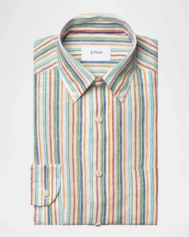 Eton Men's Multicolor Stripe Linen Button-Down Shirt | Thumbnail 2 Eton Men's Multicolor Stripe Linen Button-Down Shirt | Thumbnail 2