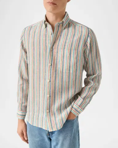 Eton Men's Multicolor Stripe Linen Button-Down Shirt | Thumbnail 4 Eton Men's Multicolor Stripe Linen Button-Down Shirt | Thumbnail 4