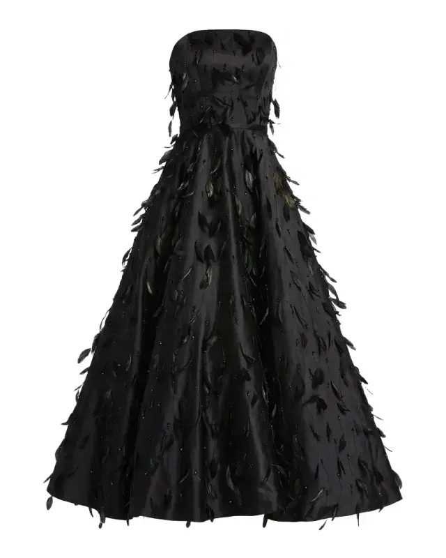 Strapless Feather-Embellished Satin Maxi Dress Strapless Feather-Embellished Satin Maxi Dress