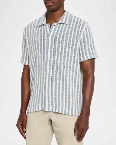 Vince Men's Beach Stripe Open Knit Short-Sleeve Shirt | Thumbnail 4 Vince Men's Beach Stripe Open Knit Short-Sleeve Shirt | Thumbnail 4