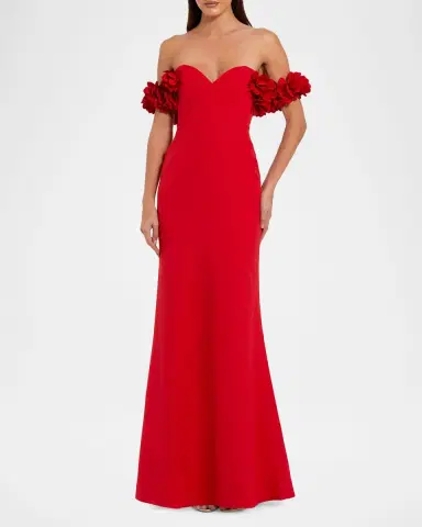 Mac Duggal Crepe 3D Flower Off-The-Shoulder Gown | Thumbnail 2 Mac Duggal Crepe 3D Flower Off-The-Shoulder Gown | Thumbnail 2