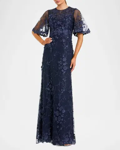 Mac Duggal Flutter-Sleeve Embroidered Lace Gown | Thumbnail 2 Mac Duggal Flutter-Sleeve Embroidered Lace Gown | Thumbnail 2