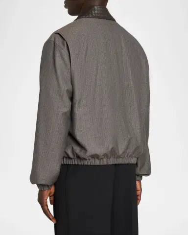 Bottega Veneta Men's Shadow Stripe Intrecciato Leather-Collar Jacket | Thumbnail 2 Bottega Veneta Men's Shadow Stripe Intrecciato Leather-Collar Jacket | Thumbnail 2