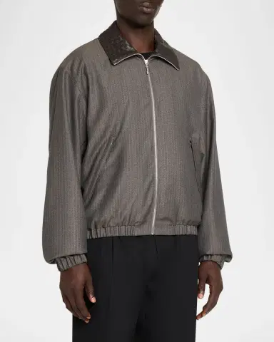 Bottega Veneta Men's Shadow Stripe Intrecciato Leather-Collar Jacket | Thumbnail 3 Bottega Veneta Men's Shadow Stripe Intrecciato Leather-Collar Jacket | Thumbnail 3