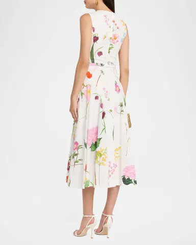 Oscar de la Renta Sleeveless Mixed Botanical Pleated Midi Day Dress With Belt | Thumbnail 2 Oscar de la Renta Sleeveless Mixed Botanical Pleated Midi Day Dress With Belt | Thumbnail 2