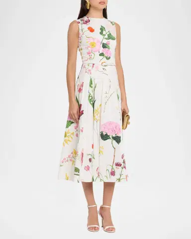 Oscar de la Renta Sleeveless Mixed Botanical Pleated Midi Day Dress With Belt | Thumbnail 3 Oscar de la Renta Sleeveless Mixed Botanical Pleated Midi Day Dress With Belt | Thumbnail 3
