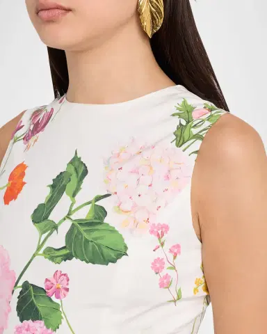 Oscar de la Renta Sleeveless Mixed Botanical Pleated Midi Day Dress With Belt | Thumbnail 4 Oscar de la Renta Sleeveless Mixed Botanical Pleated Midi Day Dress With Belt | Thumbnail 4