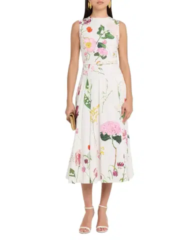 Oscar de la Renta Sleeveless Mixed Botanical Pleated Midi Day Dress With Belt | Thumbnail 1 Oscar de la Renta Sleeveless Mixed Botanical Pleated Midi Day Dress With Belt | Thumbnail 1