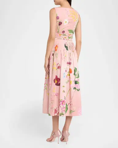 Oscar de la Renta Sleeveless Mixed Botanical Draped Cotton Midi Dress | Thumbnail 2 Oscar de la Renta Sleeveless Mixed Botanical Draped Cotton Midi Dress | Thumbnail 2