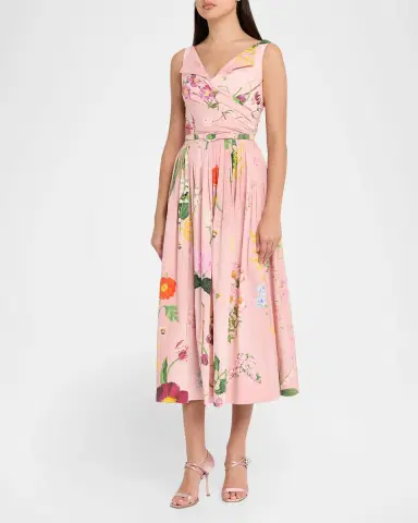 Oscar de la Renta Sleeveless Mixed Botanical Draped Cotton Midi Dress | Thumbnail 3 Oscar de la Renta Sleeveless Mixed Botanical Draped Cotton Midi Dress | Thumbnail 3
