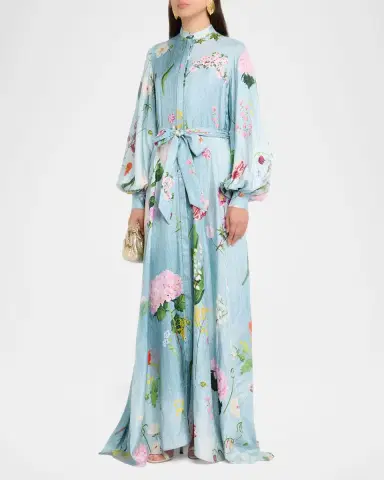 Oscar de la Renta Long-Sleeve Mixed Botanical Silk Twill Belted Maxi Dress | Thumbnail 3 Oscar de la Renta Long-Sleeve Mixed Botanical Silk Twill Belted Maxi Dress | Thumbnail 3