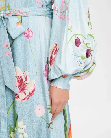 Oscar de la Renta Long-Sleeve Mixed Botanical Silk Twill Belted Maxi Dress | Thumbnail 4 Oscar de la Renta Long-Sleeve Mixed Botanical Silk Twill Belted Maxi Dress | Thumbnail 4