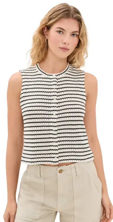 Madewell Textured-Knit Button-Front Shell Top Texture Black Stripe Tuck Stitch | Thumbnail 1 Madewell Textured-Knit Button-Front Shell Top Texture Black Stripe Tuck Stitch | Thumbnail 1
