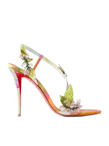 Christian Louboutin Rosa Fruit 100 Embellished Leather-trimmed Satin Sandals | Thumbnail 1 Christian Louboutin Rosa Fruit 100 Embellished Leather-trimmed Satin Sandals | Thumbnail 1