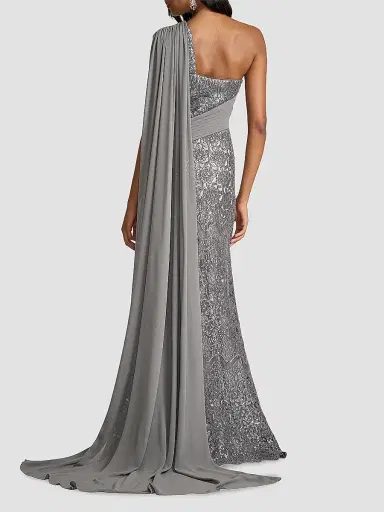Tadashi Shoji Women's Sequined Lace One-Shoulder Gown - Mist | Thumbnail 3 Tadashi Shoji Women's Sequined Lace One-Shoulder Gown - Mist | Thumbnail 3