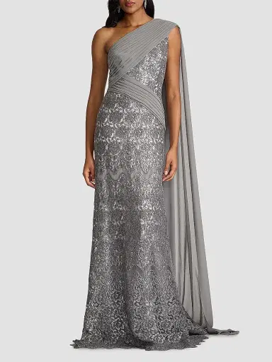 Tadashi Shoji Women's Sequined Lace One-Shoulder Gown - Mist | Thumbnail 4 Tadashi Shoji Women's Sequined Lace One-Shoulder Gown - Mist | Thumbnail 4