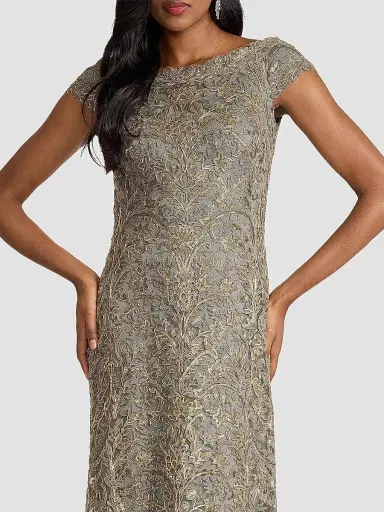 Tadashi Shoji Women's Metallic Lace Column Gown - Smoke Pearl | Thumbnail 4 Tadashi Shoji Women's Metallic Lace Column Gown - Smoke Pearl | Thumbnail 4