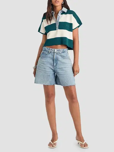 SEROYA Women's Corsa Denim-Trim Striped Top - Ivy Green Rugby | Thumbnail 2 SEROYA Women's Corsa Denim-Trim Striped Top - Ivy Green Rugby | Thumbnail 2