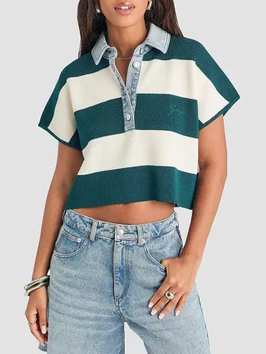 SEROYA Women's Corsa Denim-Trim Striped Top - Ivy Green Rugby | Thumbnail 4 SEROYA Women's Corsa Denim-Trim Striped Top - Ivy Green Rugby | Thumbnail 4
