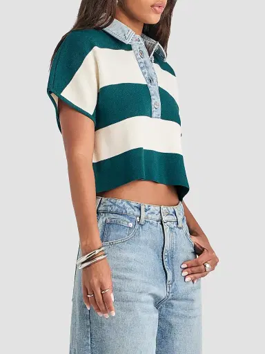 SEROYA Women's Corsa Denim-Trim Striped Top - Ivy Green Rugby | Thumbnail 6 SEROYA Women's Corsa Denim-Trim Striped Top - Ivy Green Rugby | Thumbnail 6