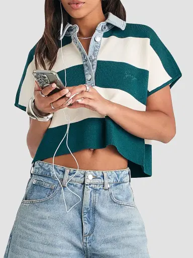SEROYA Women's Corsa Denim-Trim Striped Top - Ivy Green Rugby | Thumbnail 7 SEROYA Women's Corsa Denim-Trim Striped Top - Ivy Green Rugby | Thumbnail 7