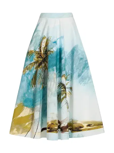 Oscar de la Renta Women's Beach Print Cotton Poplin Circle Midi-Skirt - Blue Green | Thumbnail 1 Oscar de la Renta Women's Beach Print Cotton Poplin Circle Midi-Skirt - Blue Green | Thumbnail 1