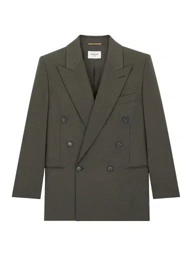 Saint Laurent Women's Double-Breasted Short Jacket in Wool Gabardine - Kaki | Thumbnail 1 Saint Laurent Women's Double-Breasted Short Jacket in Wool Gabardine - Kaki | Thumbnail 1