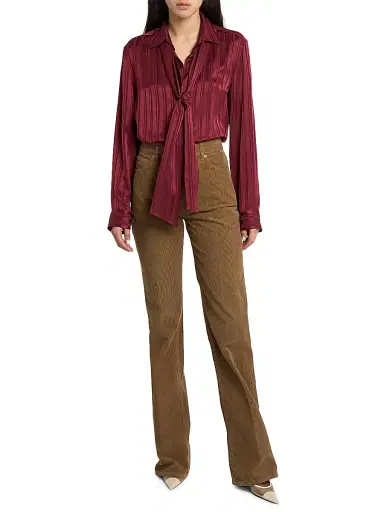 Saint Laurent Women's Cassandre Lavalliere Blouse Shirt in Striped Silk Jacquard - Bordeaux | Thumbnail 2 Saint Laurent Women's Cassandre Lavalliere Blouse Shirt in Striped Silk Jacquard - Bordeaux | Thumbnail 2