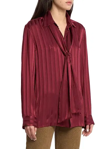 Saint Laurent Women's Cassandre Lavalliere Blouse Shirt in Striped Silk Jacquard - Bordeaux | Thumbnail 3 Saint Laurent Women's Cassandre Lavalliere Blouse Shirt in Striped Silk Jacquard - Bordeaux | Thumbnail 3