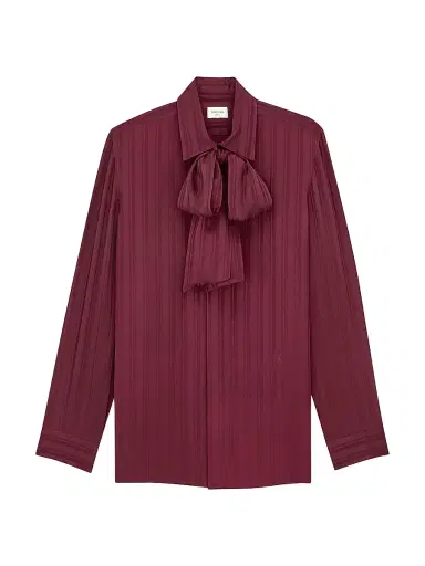 Saint Laurent Women's Cassandre Lavalliere Blouse Shirt in Striped Silk Jacquard - Bordeaux | Thumbnail 1 Saint Laurent Women's Cassandre Lavalliere Blouse Shirt in Striped Silk Jacquard - Bordeaux | Thumbnail 1