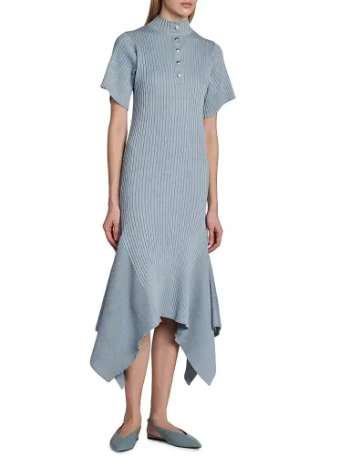 Stella McCartney Women's Rib-Knit Cotton Polo Midi Dress - Blue Grey | Thumbnail 4 Stella McCartney Women's Rib-Knit Cotton Polo Midi Dress - Blue Grey | Thumbnail 4