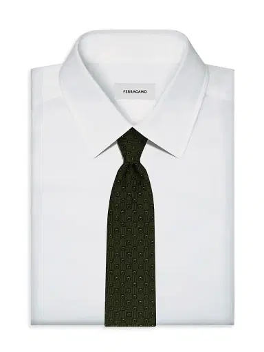Ferragamo Men's Gancio Jacquard Woven Silk Tie - Verde Scuro | Thumbnail 2 Ferragamo Men's Gancio Jacquard Woven Silk Tie - Verde Scuro | Thumbnail 2