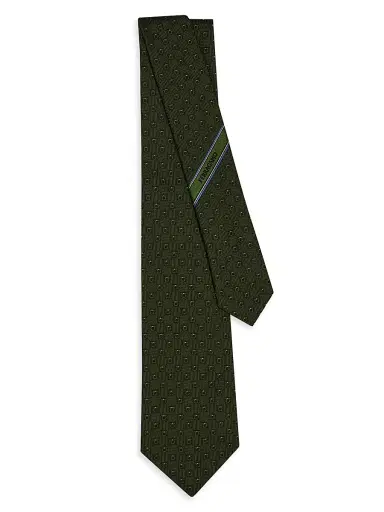Ferragamo Men's Gancio Jacquard Woven Silk Tie - Verde Scuro | Thumbnail 3 Ferragamo Men's Gancio Jacquard Woven Silk Tie - Verde Scuro | Thumbnail 3