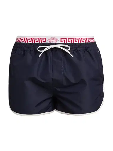 Versace Men's Golfo Elasticized Waistband Swim Shorts - Dark Navy White | Thumbnail 1 Versace Men's Golfo Elasticized Waistband Swim Shorts - Dark Navy White | Thumbnail 1