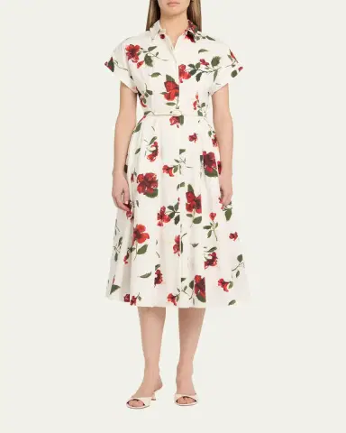 Oscar de la Renta Short-Sleeve Hibiscus Cotton Poplin Midi Shirtdress With Belt | Thumbnail 2 Oscar de la Renta Short-Sleeve Hibiscus Cotton Poplin Midi Shirtdress With Belt | Thumbnail 2