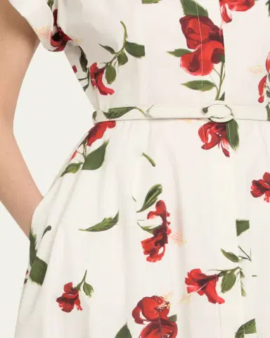 Oscar de la Renta Short-Sleeve Hibiscus Cotton Poplin Midi Shirtdress With Belt | Thumbnail 3 Oscar de la Renta Short-Sleeve Hibiscus Cotton Poplin Midi Shirtdress With Belt | Thumbnail 3