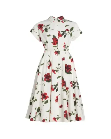 Oscar de la Renta Short-Sleeve Hibiscus Cotton Poplin Midi Shirtdress With Belt | Thumbnail 1 Oscar de la Renta Short-Sleeve Hibiscus Cotton Poplin Midi Shirtdress With Belt | Thumbnail 1