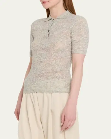Brunello Cucinelli Lace-Effect Polo Short-Sleeve Sweater | Thumbnail 4 Brunello Cucinelli Lace-Effect Polo Short-Sleeve Sweater | Thumbnail 4