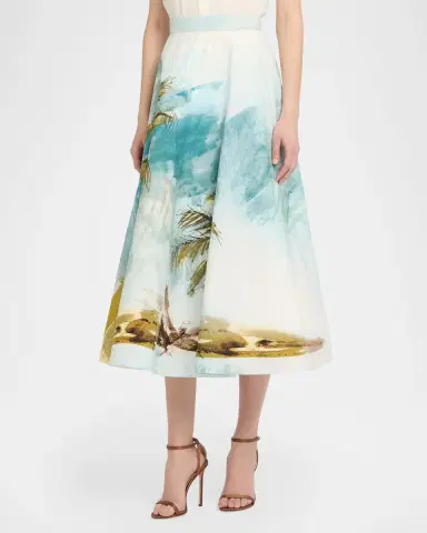 Oscar de la Renta Beach Palm Print Cotton Poplin Midi Skirt | Thumbnail 3 Oscar de la Renta Beach Palm Print Cotton Poplin Midi Skirt | Thumbnail 3