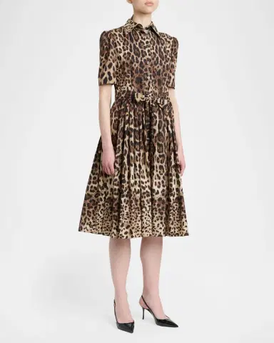 Dolce & Gabbana Short-Sleeve Leopard Cotton Poplin Pleated Midi Shirtdress | Thumbnail 3 Dolce & Gabbana Short-Sleeve Leopard Cotton Poplin Pleated Midi Shirtdress | Thumbnail 3