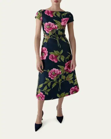 Carolina Herrera Metallic Floral Jacquard Short-Sleeve Belted Midi Dress | Thumbnail 4 Carolina Herrera Metallic Floral Jacquard Short-Sleeve Belted Midi Dress | Thumbnail 4