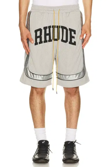 Rhude Baggy Mesh Collegiate Logo Shorts | Thumbnail 1 Rhude Baggy Mesh Collegiate Logo Shorts | Thumbnail 1