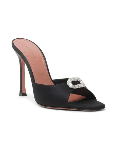 Amina Muaddi Women's Mini Camelia 105MM Crystal-Embellished Silk Mules - Black Satin White Crystal | Thumbnail 2 Amina Muaddi Women's Mini Camelia 105MM Crystal-Embellished Silk Mules - Black Satin White Crystal | Thumbnail 2